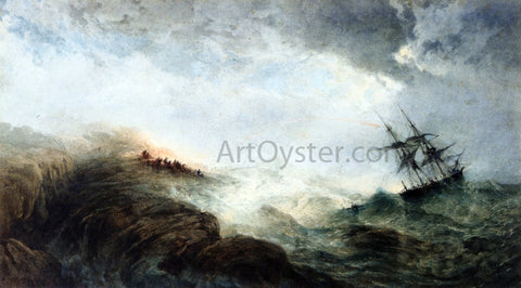  Edward Duncan Ship in Distress, with Figures n the Shore Firing a Rocket - Hand Painted Oil Painting