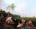  Albertus Verhoesen A Summer Landscape With Cows And Sheep By A Pool And A Milkmaid Watching - Hand Painted Oil Painting