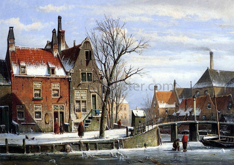  Willem Koekkoek A View in a Town in Winter with Skaters on a Frozen Canal - Hand Painted Oil Painting
