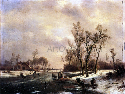  Pieter Francisco Kluyver A Winter Landscape with Skaters on a Frozen River - Hand Painted Oil Painting