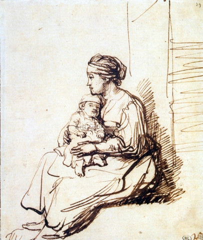  Rembrandt Van Rijn Woman with a Little Child on her Lap - Hand Painted Oil Painting
