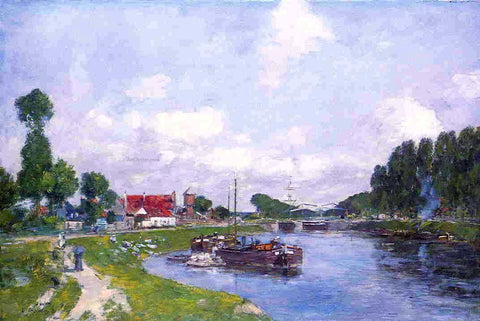  Eugene-Louis Boudin Barges on the Canal, Saint-Valery-sur-Somme - Hand Painted Oil Painting