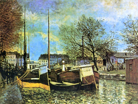  Alfred Sisley A Scene of Barges on the Saint-Martin Canal - Hand Painted Oil Painting