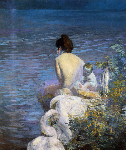  Paul Albert Besnard Bather with Child and Swan by the Sea - Hand Painted Oil Painting