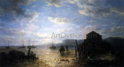  Francois Etienne Musin Beached Bomschuiten and Shrimp Fishers by a Jetty at Low Tide - Hand Painted Oil Painting