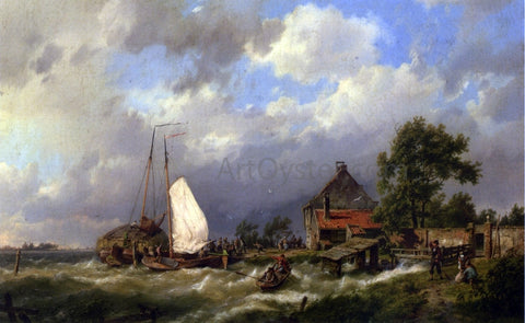  The Elder Hermanus Koekkoek Boats Docking in an Estuary - Hand Painted Oil Painting