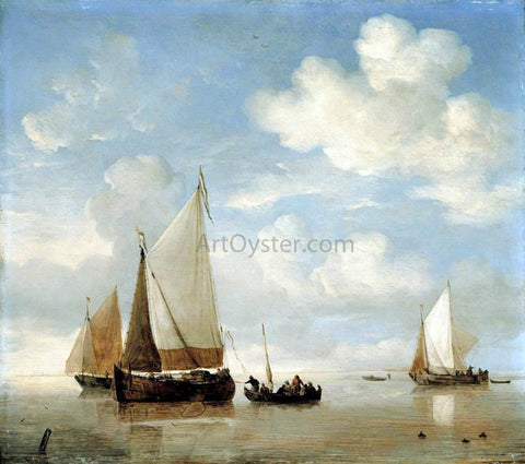  The Younger Willem Van de  Velde Calm - Dutch Smalschips and a Rowing Boat - Hand Painted Oil Painting