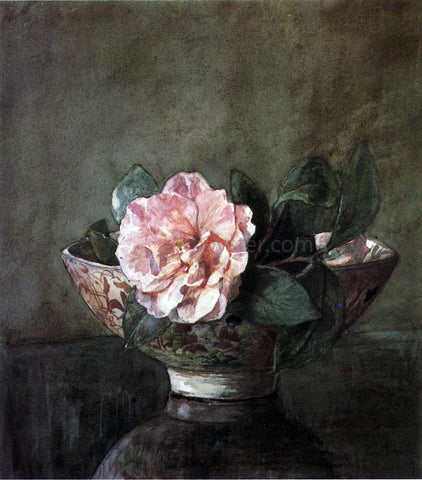  John La Farge Camellia in Old Chinese Vase on Black Lacquer Table - Hand Painted Oil Painting