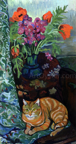  Suzanne Valadon Cat Lying in front of a Bouquet of Flowers - Hand Painted Oil Painting