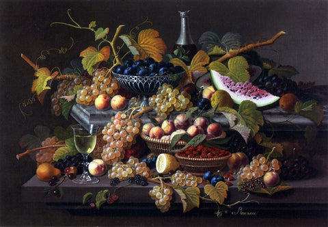  Severin Roesen Elaborate Still Life with Silver Basket of Plums - Hand Painted Oil Painting