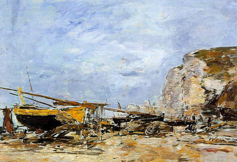  Eugene-Louis Boudin Etretat, Boats Stranded on the Beach - Hand Painted Oil Painting