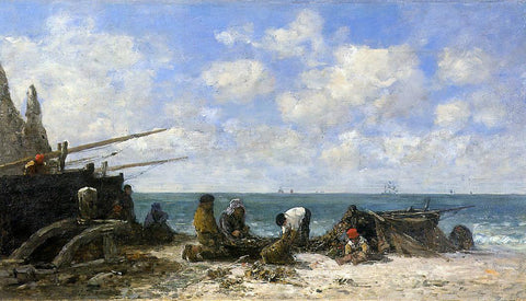  Eugene-Louis Boudin Etretat: Fishermen on the Beach - Hand Painted Oil Painting