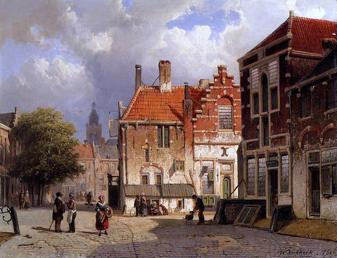  Willem Koekkoek Figures in a Dutch Town Square - Hand Painted Oil Painting