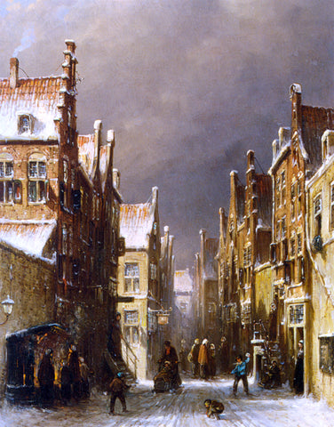 Pieter Gerard Vertin Figures in the Snow Covered Streets of a Dutch Town - Hand Painted Oil Painting
