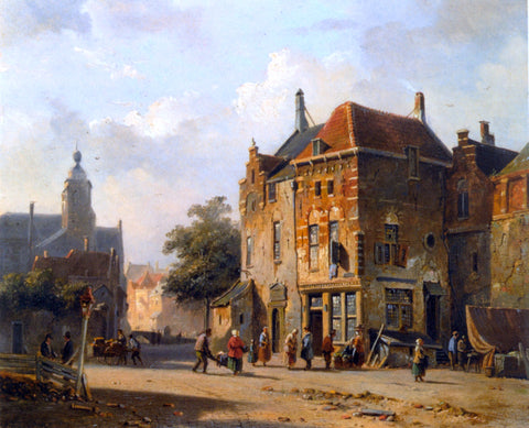  Adrianus Eversen Figures in the Streets of a Dutch Town - Hand Painted Oil Painting