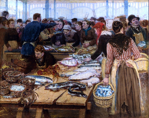  Edouard-Jean Dambourgez Fish Auction at Les Halles - Hand Painted Oil Painting