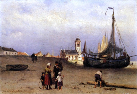  Johannes Barend Koekkoek Fisher Folk and Beach Bomschuiten, near Katwijk - Hand Painted Oil Painting
