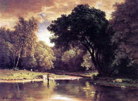  George Inness Fisherman in a Stream - Hand Painted Oil Painting