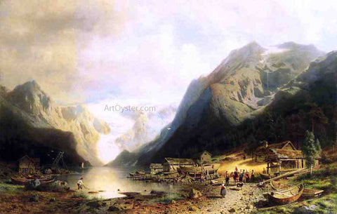  Herman Herzog Fishermans Village on an Alpine Lake - Hand Painted Oil Painting