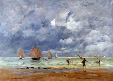  Eugene-Louis Boudin Fishermen and Sailboats near Trouville - Hand Painted Oil Painting