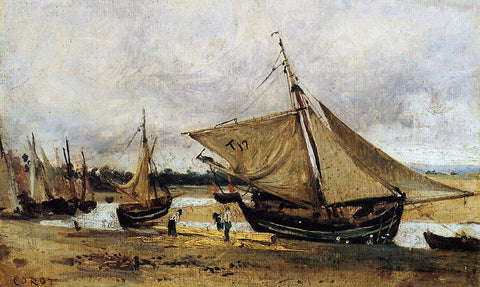  Jean-Baptiste-Camille Corot Fishing Boars Beached in the Chanel - Hand Painted Oil Painting