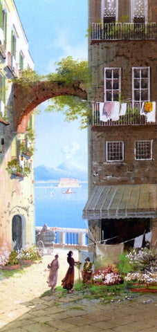  Girolamo Gianni A Flower Market with a View of Castel del'Ovo, Naples - Hand Painted Oil Painting