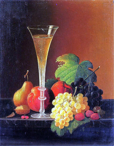  Severin Roesen Fruit and a Glass of Champagne on a Tabletop - Hand Painted Oil Painting
