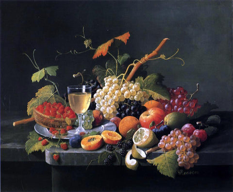  Severin Roesen Fruit on a Marble Ledge with Wine Glass - Hand Painted Oil Painting