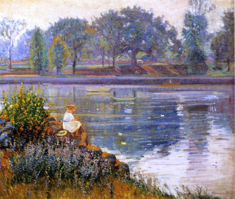  Theodore Wendel Girl Seated by a Pond - Hand Painted Oil Painting