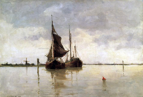  George W Platt Harbor Scene, Dordrecht - Hand Painted Oil Painting