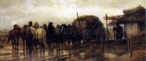  Adolf Schreyer Hitching Horses to the Wagon - Hand Painted Oil Painting