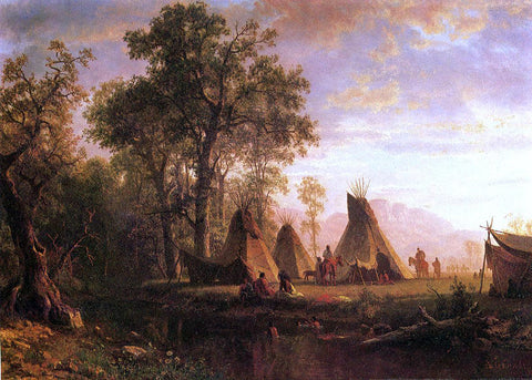  Albert Bierstadt Indian Encampment, Late Afternoon - Hand Painted Oil Painting