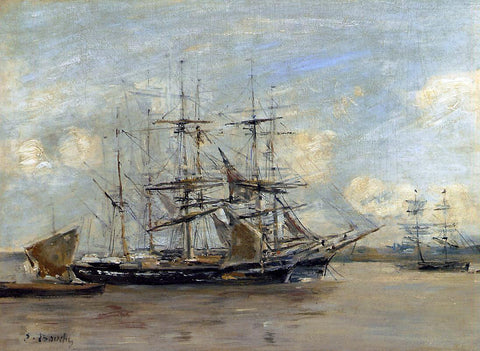  Eugene-Louis Boudin Le Havre, Three Master at Anchor in the Harbor - Hand Painted Oil Painting