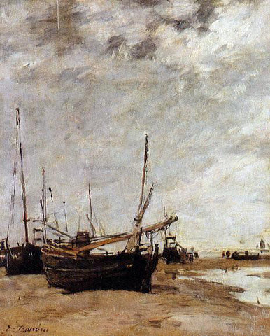  Eugene-Louis Boudin Low Tide, Grounded Sailboats - Hand Painted Oil Painting