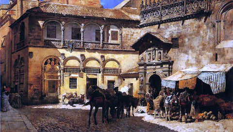 Edwin Lord Weeks Market Square in Front of the Sacristy and Doorway of the Cathedral, Granada - Hand Painted Oil Painting