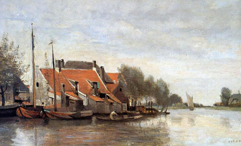  Jean-Baptiste-Camille Corot Near Rotterdam, Small Houses on the Banks of a Canal - Hand Painted Oil Painting
