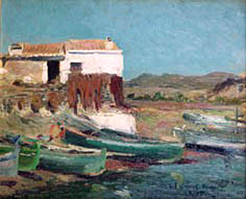  Eliseo Meifren I Roig Paisaje con barcas - Hand Painted Oil Painting