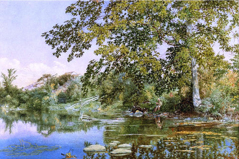 John William Hill River Landscape with Boy Fishing - Hand Painted Oil Painting