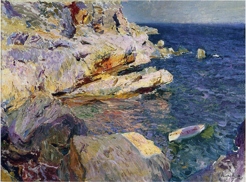  Joaquin Sorolla Y Bastida Rocks and White Boat, Javea - Hand Painted Oil Painting