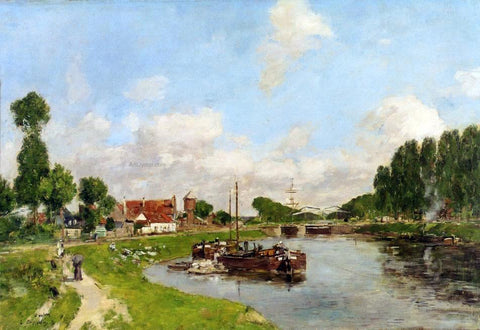  Eugene-Louis Boudin Saint-Velery-sur-Somme, Barges on the Canal - Hand Painted Oil Painting
