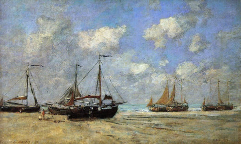  Eugene-Louis Boudin Scheveningen, Boats Aground on the Shore - Hand Painted Oil Painting
