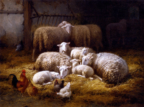  Theo Van Sluys Sheep And Chickens In A Farm Interior - Hand Painted Oil Painting