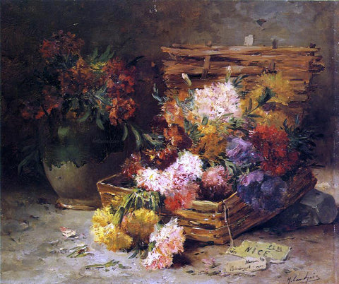  Eugene Henri Cauchois Still Life of Flowers in a Vase and a Basket - Hand Painted Oil Painting