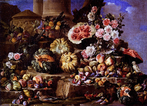  Michele Pace Del Campidoglio Still Life Of Fruit And Flowers On A Stone Ledge With Birds And A Monkey - Hand Painted Oil Painting