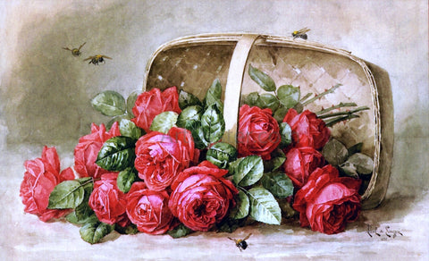  Raoul Paul Maucherat De Longpre Still Life, Roses with Bumble Bees - Hand Painted Oil Painting