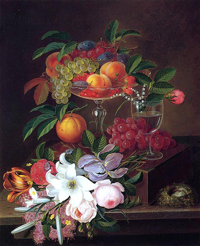  George Forster Still Life with Fruit, Flowers and Bird's Nest - Hand Painted Oil Painting