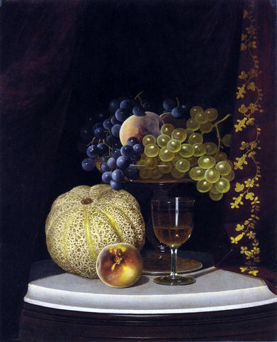  William Mason Brown Still Life with Melon, Peach, Fruit-Filled Compote and Glass of Wine on a Marble Table Top - Hand Painted Oil Painting