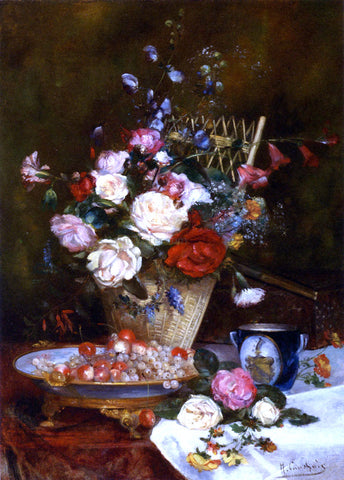  Eugene Henri Cauchois Still Life With Roses, Cherries And Grapes - Hand Painted Oil Painting