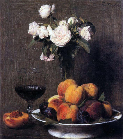  Henri Fantin-Latour Still Life with Roses, Fruit and a Glass of Wine - Hand Painted Oil Painting