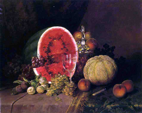  William Mason Brown Still Life with Watermelon, Grapes, Peaches, Plums and Cantaloupe - Hand Painted Oil Painting